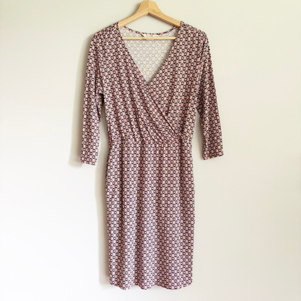 Boden Cressida Faux Wrap Jersey Dress Size US 4 Pink Black Pattern Comfy VNeck